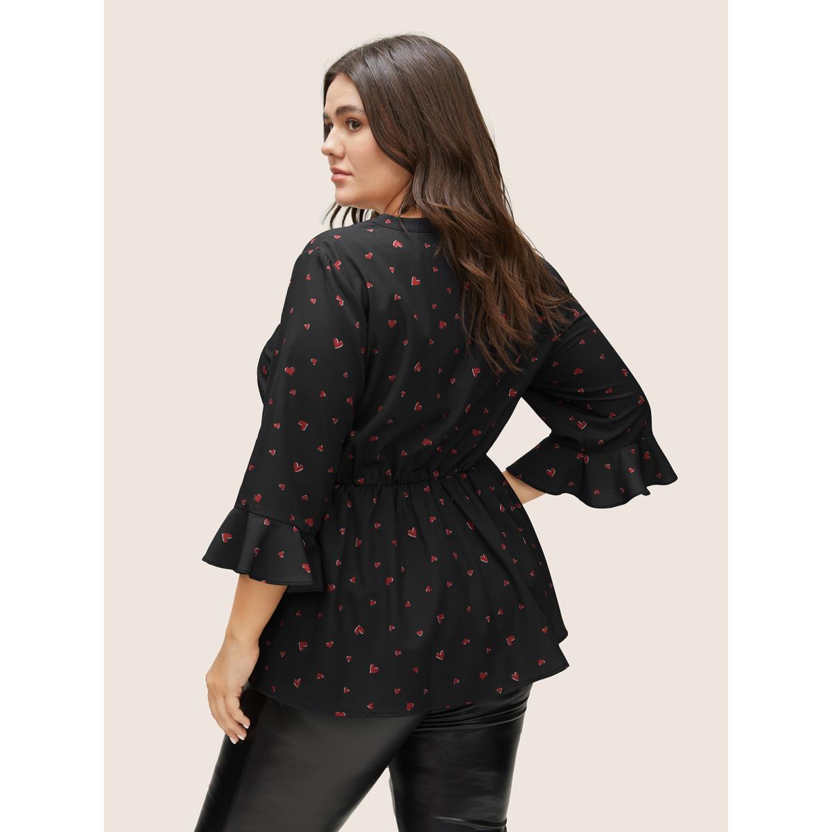 Plus Size Black Heart Print Flutter Sleeve Elastic Waist Blouse Women Elegant Elbow-length sleeve V-neck Everyday Blouses BloomChic 10/M Product Image