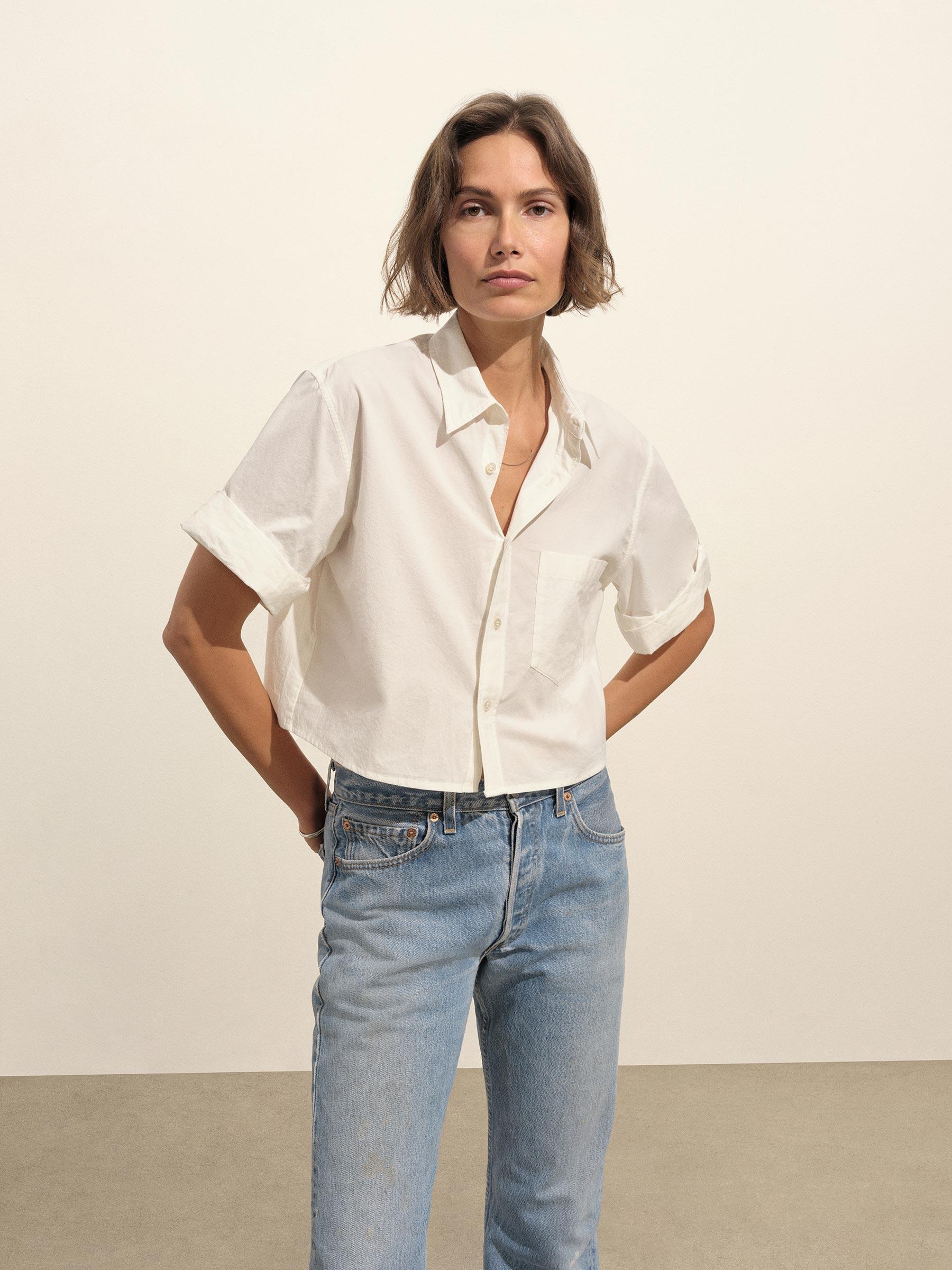 White Mainstay Cotton Cut-Off Short Sleeve Button Down Product Image