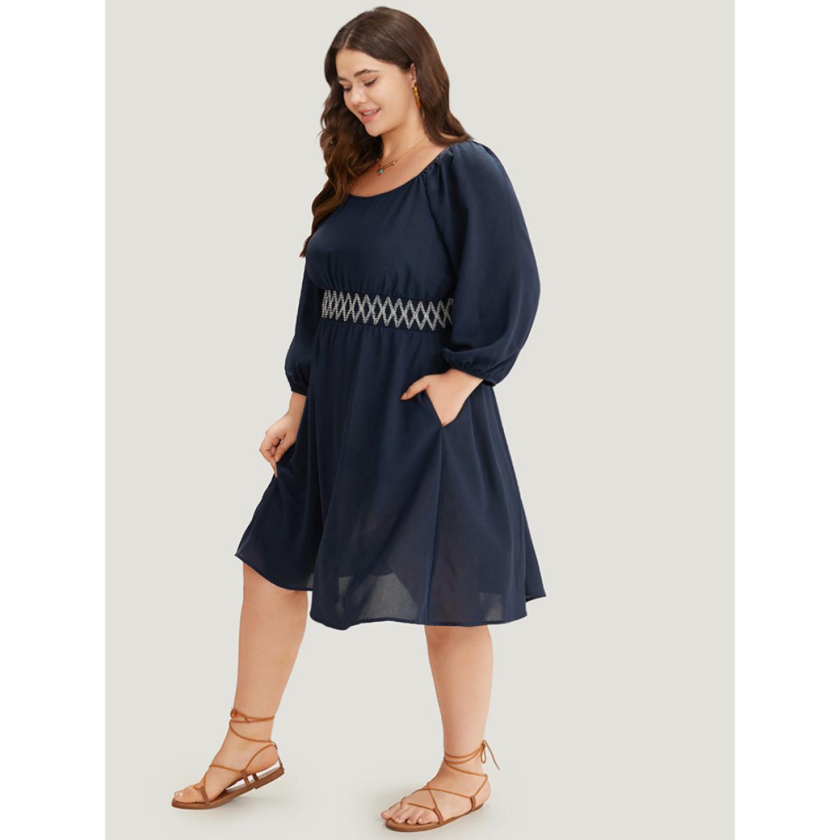 Plus Size Bandana Shirred Square Neck Lantern Sleeve Dress DarkBlue Women Vacation Elastic cuffs Square Neck Long Sleeve Curvy Midi Dress BloomChic 26/4X Product Image