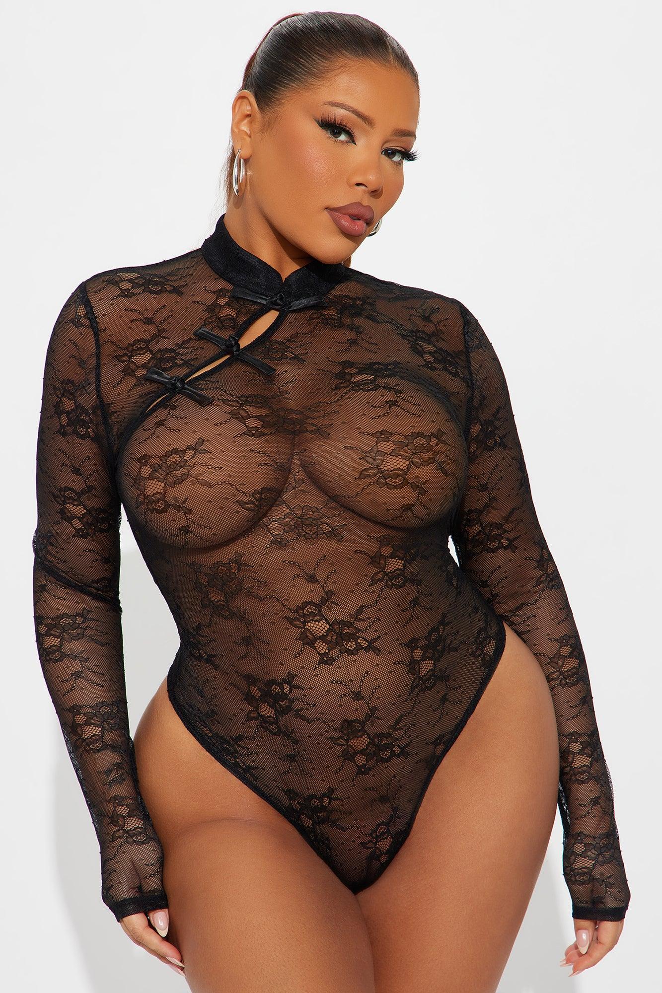 Under The Lights Sheer Lace Long Sleeve Bodysuit - Black Female Product Image