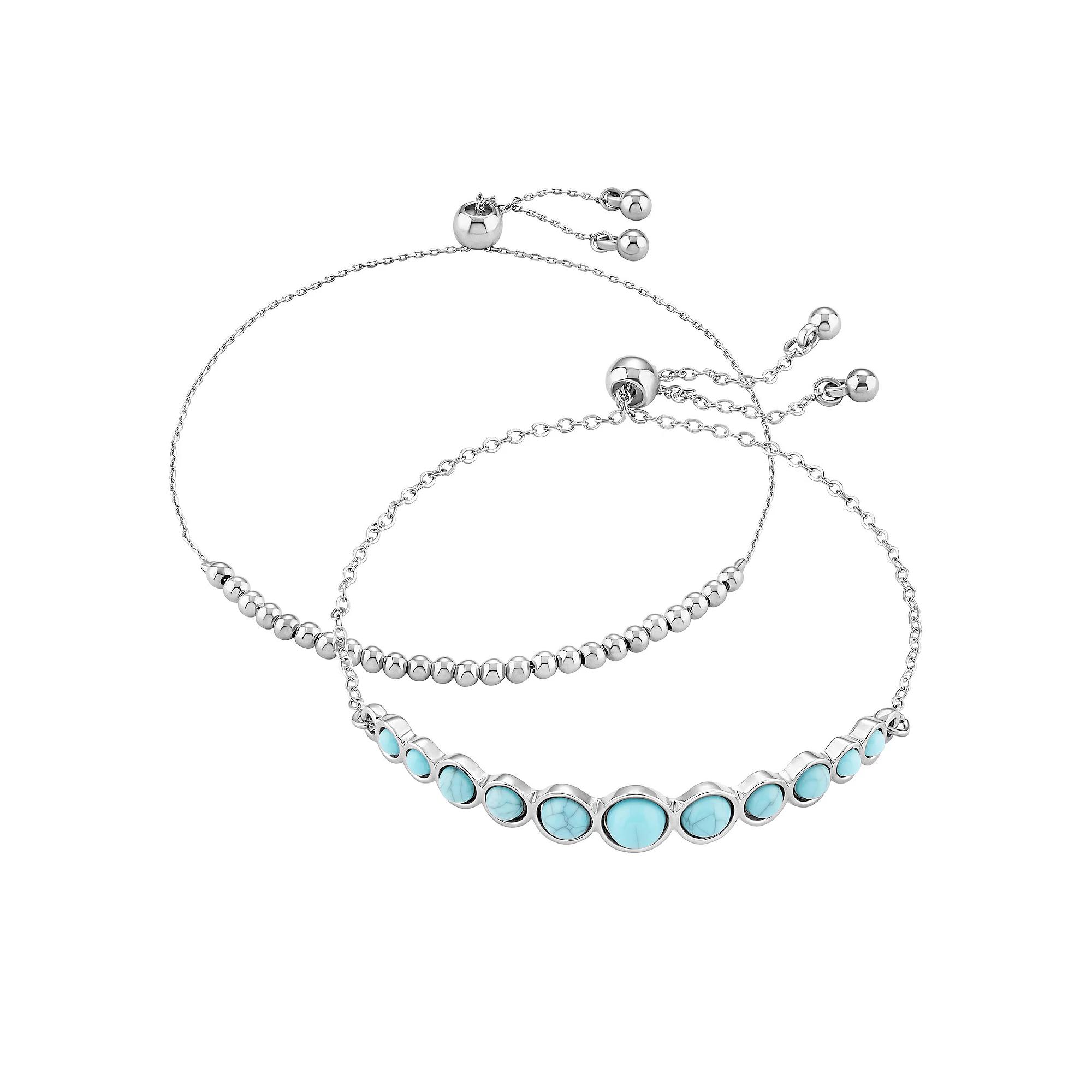 Emberly Silver Tone Polished Beaded & Simulated Turquoise Adjustable Bracelet Duo Set, Women's, Blue Product Image