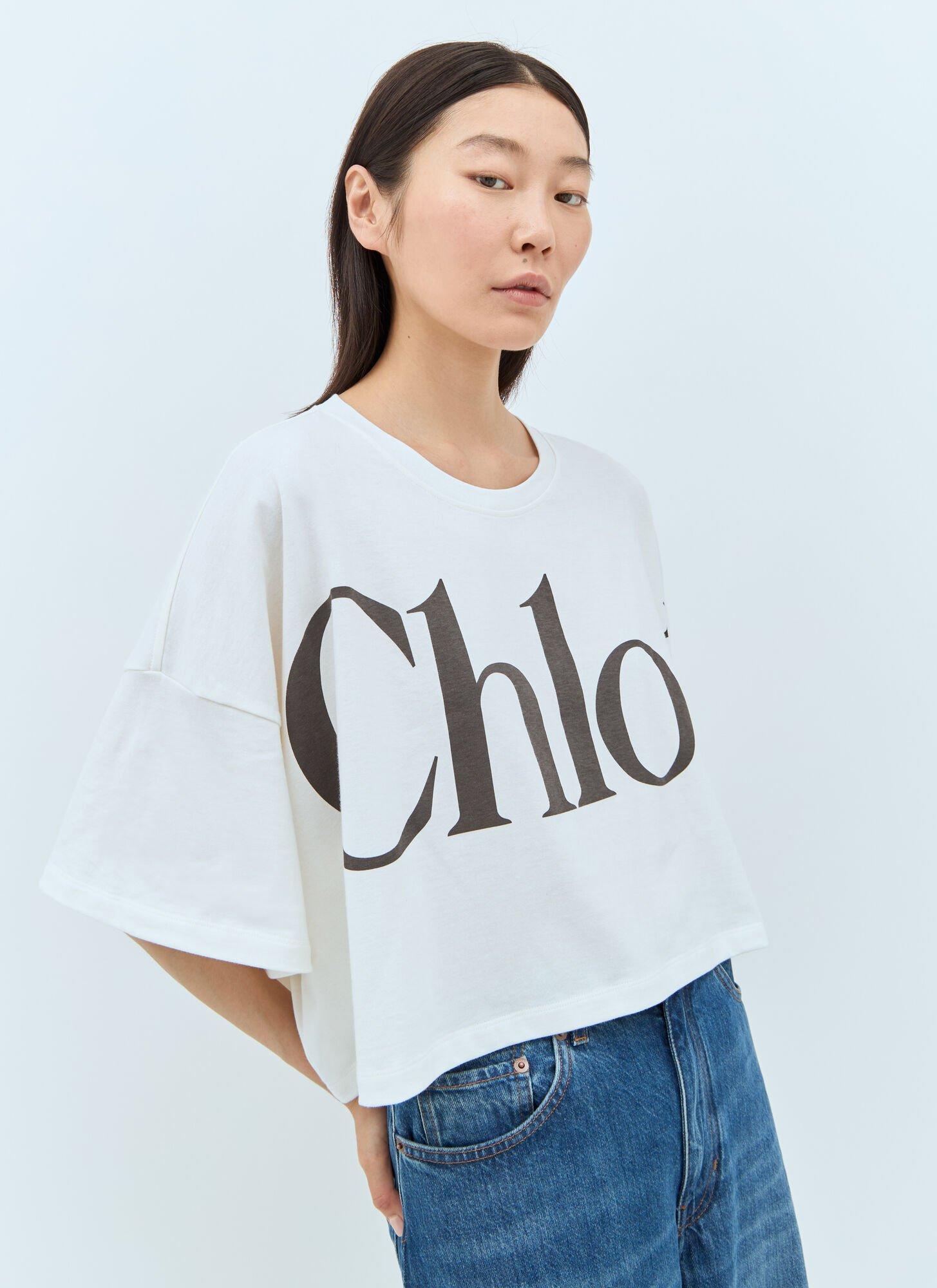 CHLOÉ White Cropped Crewneck T-shirt With Maxi Logo Print On The Front In Cotton Woman In Multicolor Product Image