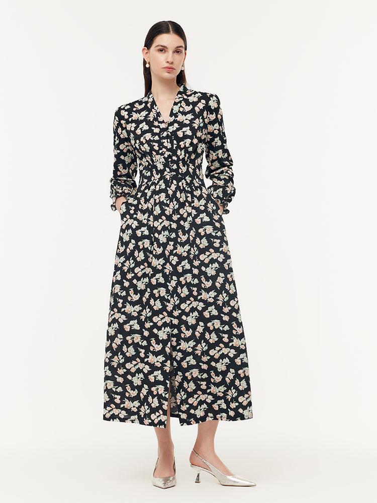 100% Cotton Floral Print Stretch Gathered Waist Women Maxi Dress Product Image