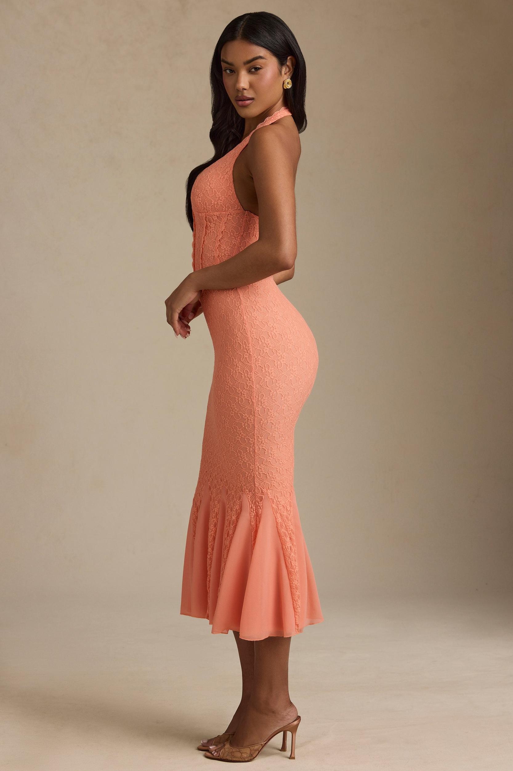 Halterneck Corset Lace Midaxi Dress in Peach Product Image