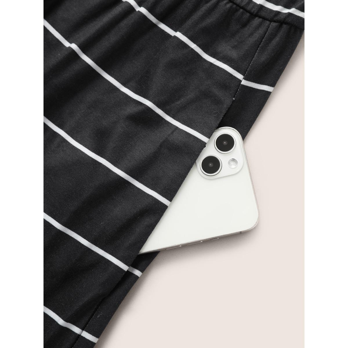 Plus Size Striped Batwing Cuffed Sleeve Belted Dress Black Women Casual Belted V-neck Half Sleeve Curvy Midi Dress BloomChic 10/M Product Image