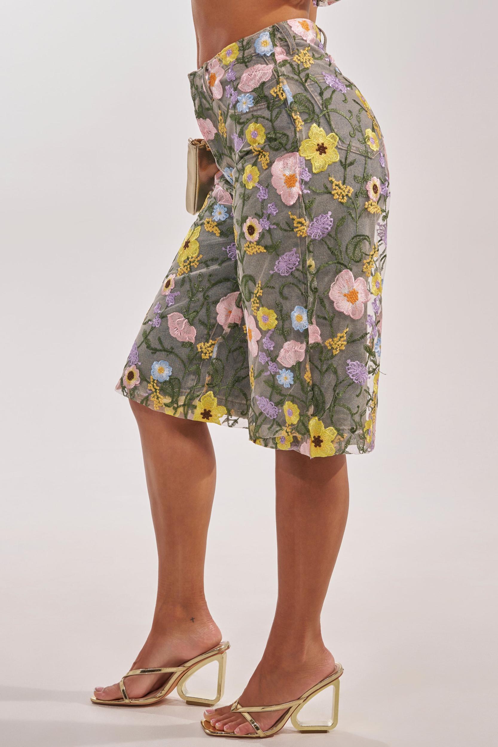 GARDEN PARTY STRETCH DENIM WITH FLORAL TULLE BERMUDA SHORTS Product Image