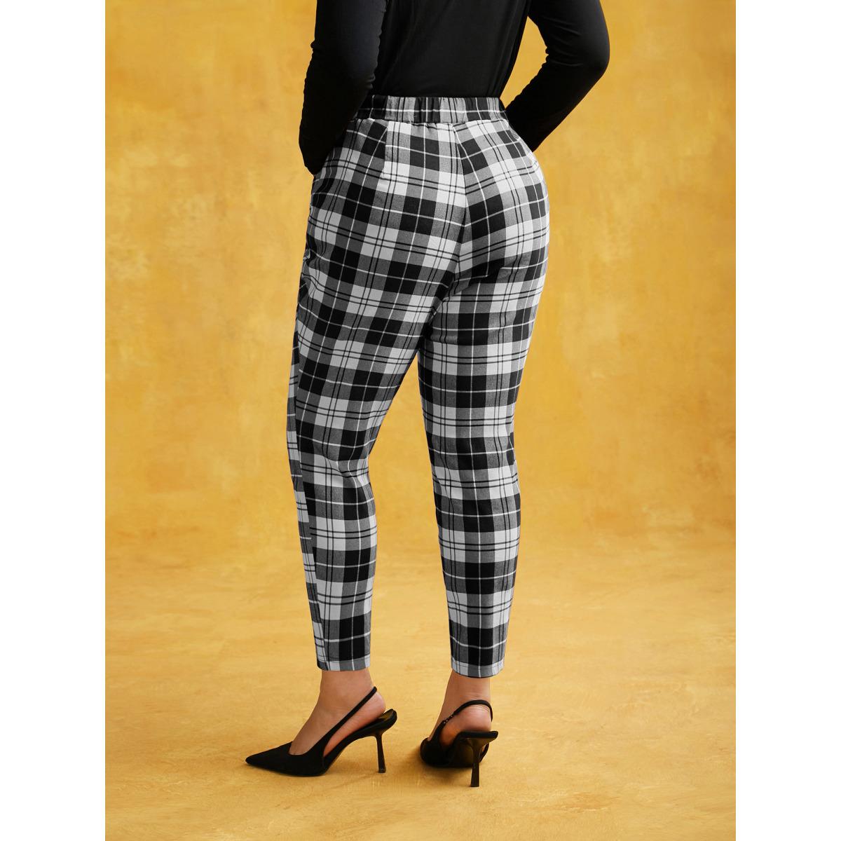 Plus Size Stretchy Plaid Lounge Leggings Women Black Elegant Medium stretch Skinny Mid Rise Everyday Leggings BloomChic 26/4X Product Image