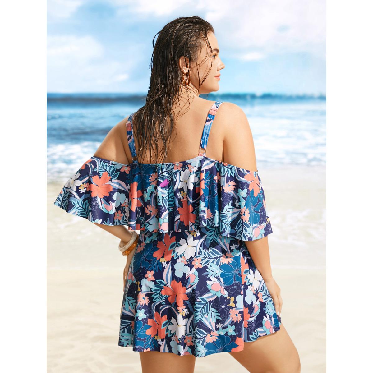 Plus Size Tropical Adjustable Straps Cold Shoulder Ruffles Trim Swim Dress Women's Swimwear Indigo Beach Bodycon One-shoulder neck High stretch Curve Swim Dresses BloomChic 14-16/1X Product Image