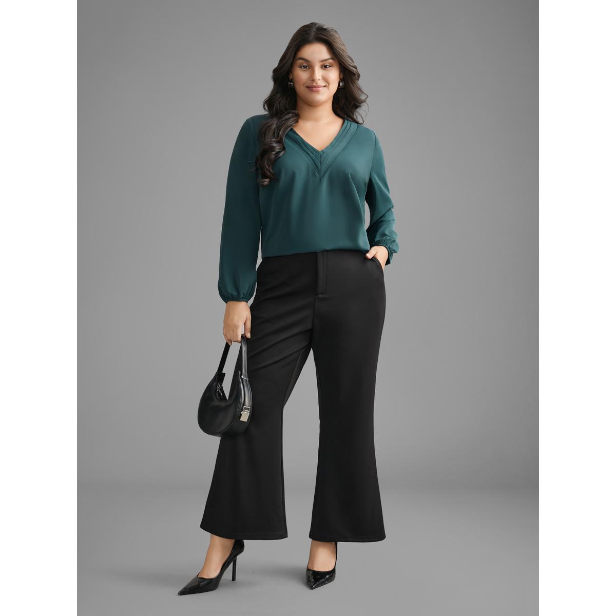 Plus Size DarkSlateGray V Neck Pleated Lantern Sleeve Blouse Women At the Office Long Sleeve V-neck Office Blouses BloomChic 22-24/3X Product Image
