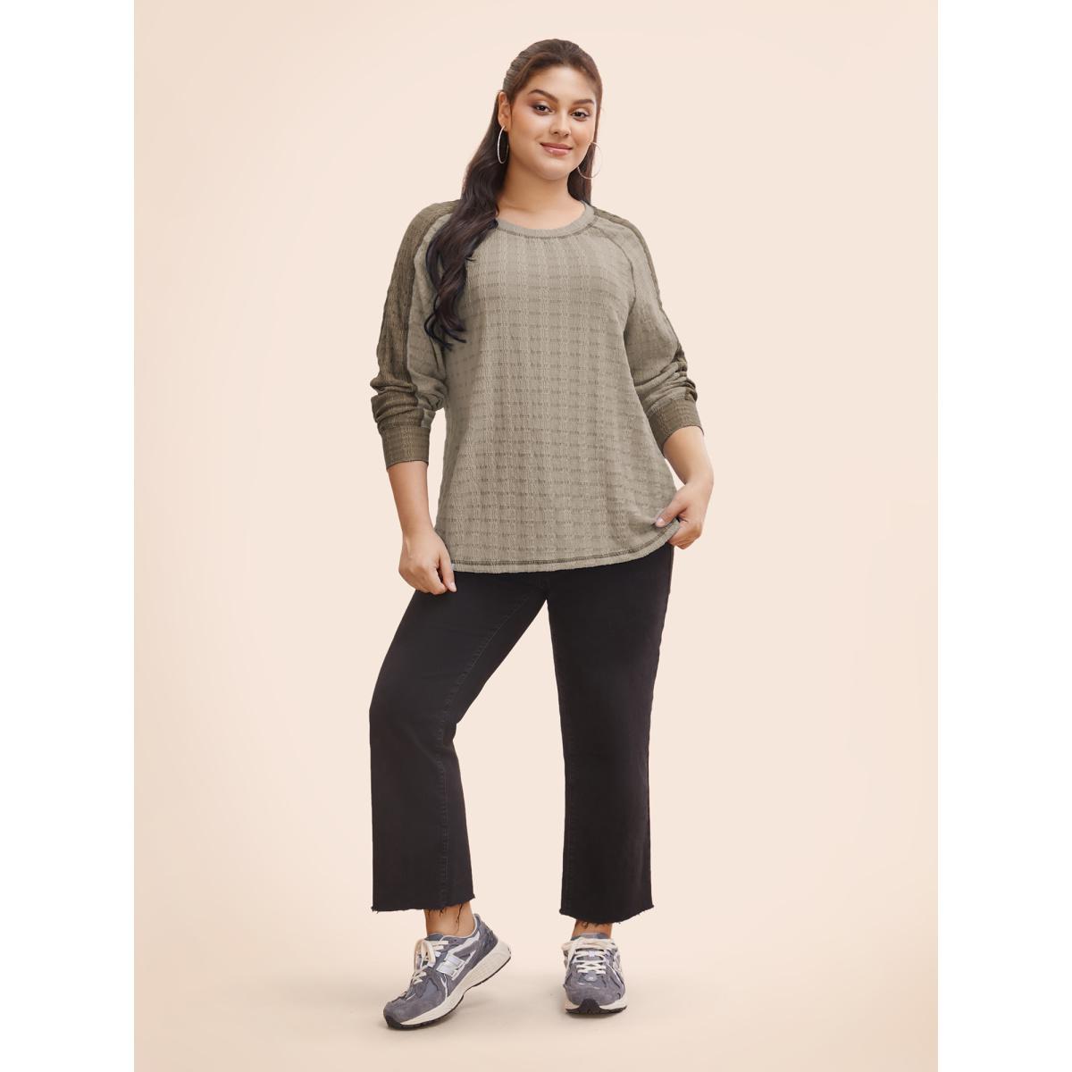 Plus Size Contrast Patchwork Texture Raglan Sleeve T-shirt Multicolor Women Casual Texture Round Neck Everyday T-shirts BloomChic 14-16/1X Product Image