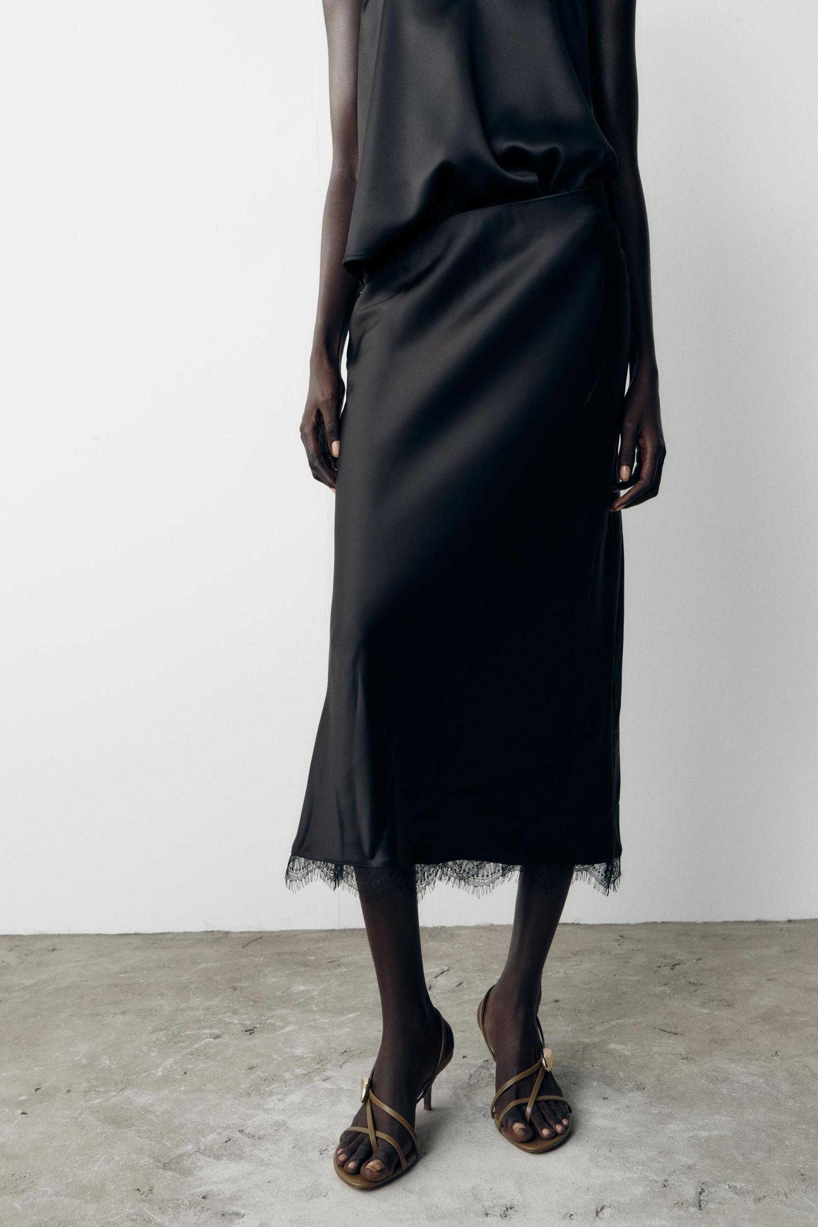 SATIN MIDI LACE SKIRT Product Image