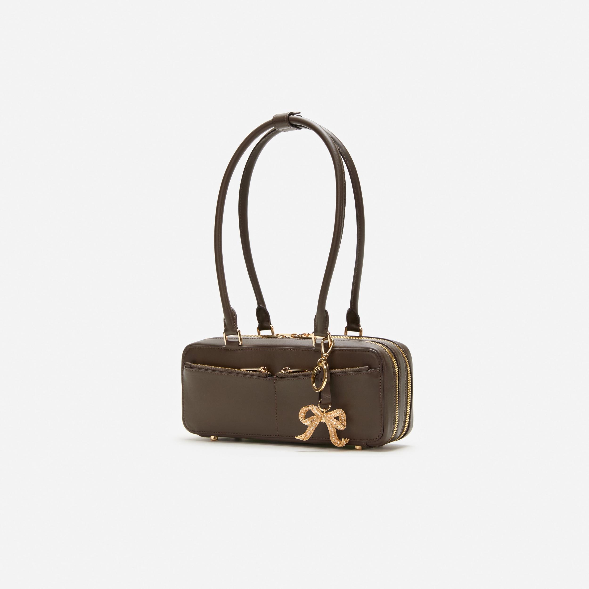 Brown Leather Baguette Shoulder Bag With Charm Product Image