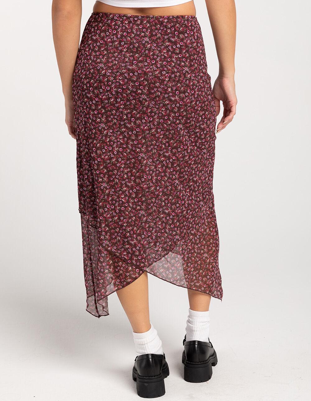 RSQ Womens Low Rise Asymmetrical Mesh Midi Skirt - BURGUNDY COMBO Product Image