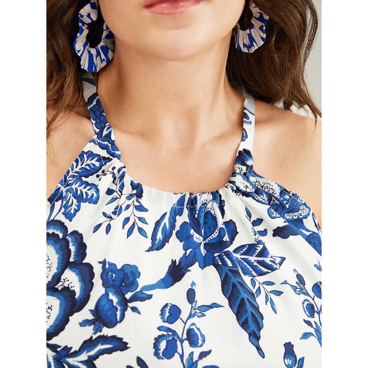 Plus Size Bandana Print Knotted Flutter Hem Pocket Belted Halter Dress DarkBlue Women Vacation Knotted Halter neck Sleeveless Curvy Midi Dress BloomChic 30/6X Product Image