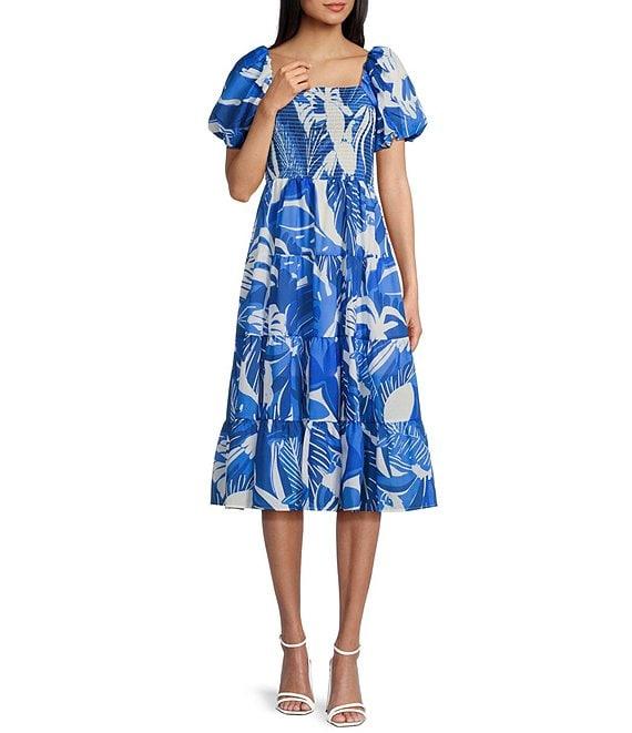 Midnight Doll Floral Print Short Puff Sleeve Smocked Bodice Midi Dress Product Image