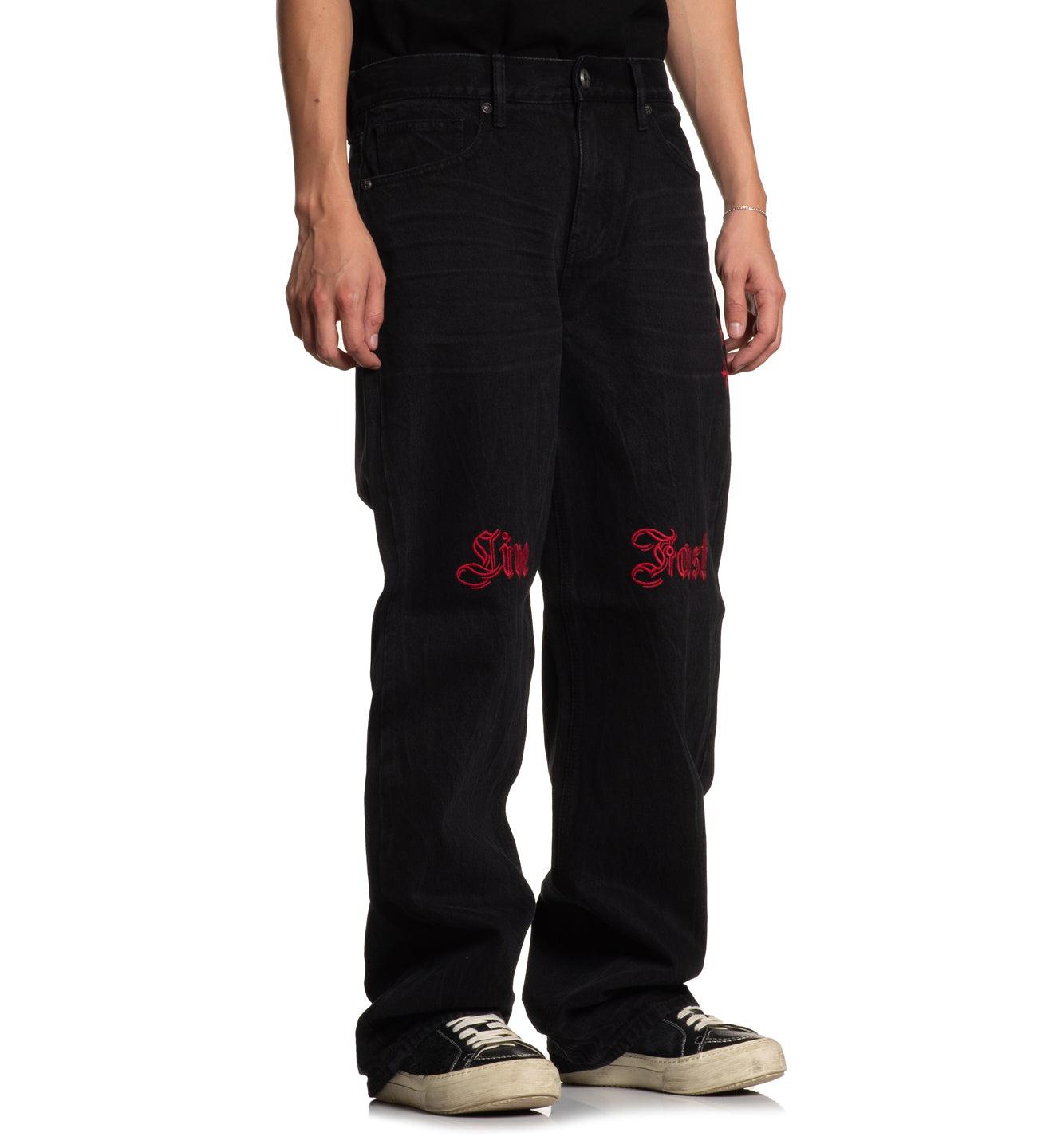 Wide Leg Live Fast Black Jeans Male Product Image