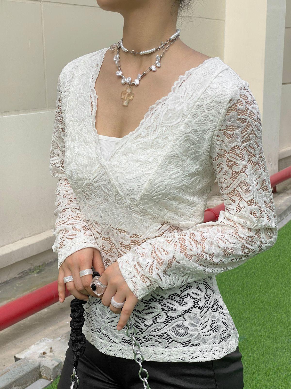 V Neck Long Sleeve Sheer Lace Blouse Product Image