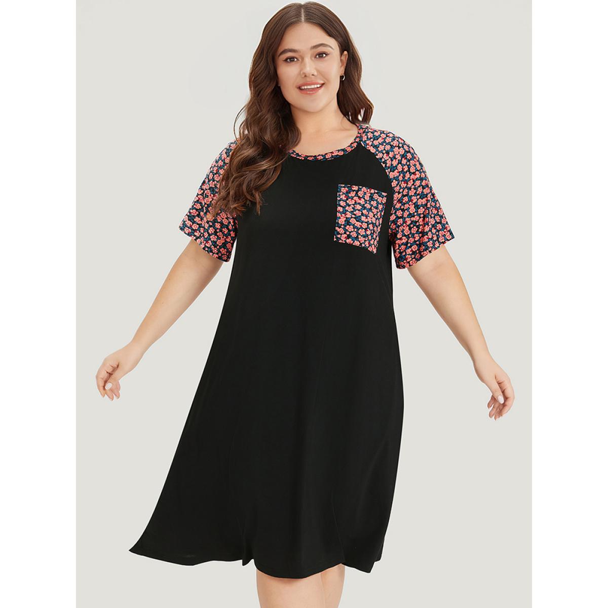 Plus Size Supersoft Essentials Ditsy Floral Raglan Sleeve Patched Pocket Dress Black Women Casual Plain Round Neck Short sleeve Curvy Midi Dress BloomChic 14-16/1X Product Image
