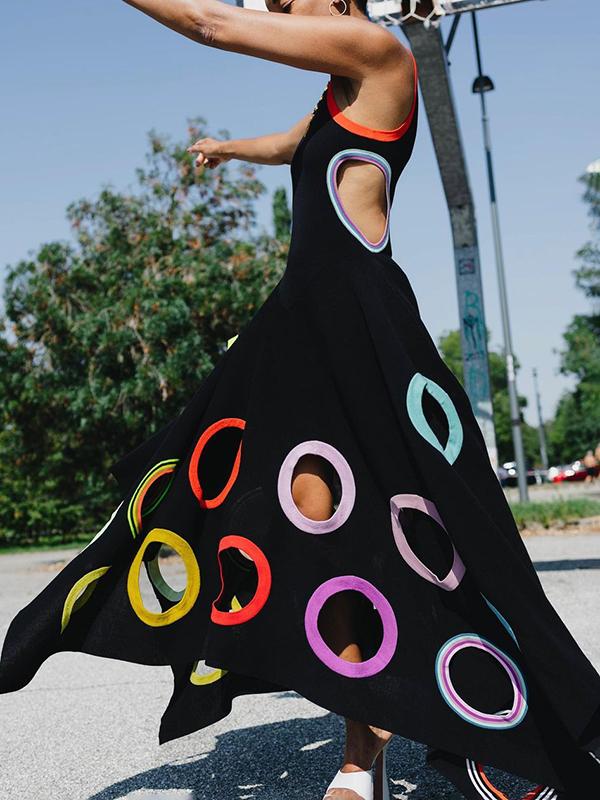 A-Line High Waisted Contrast Color Hollow Round-Neck Maxi Dresses Product Image