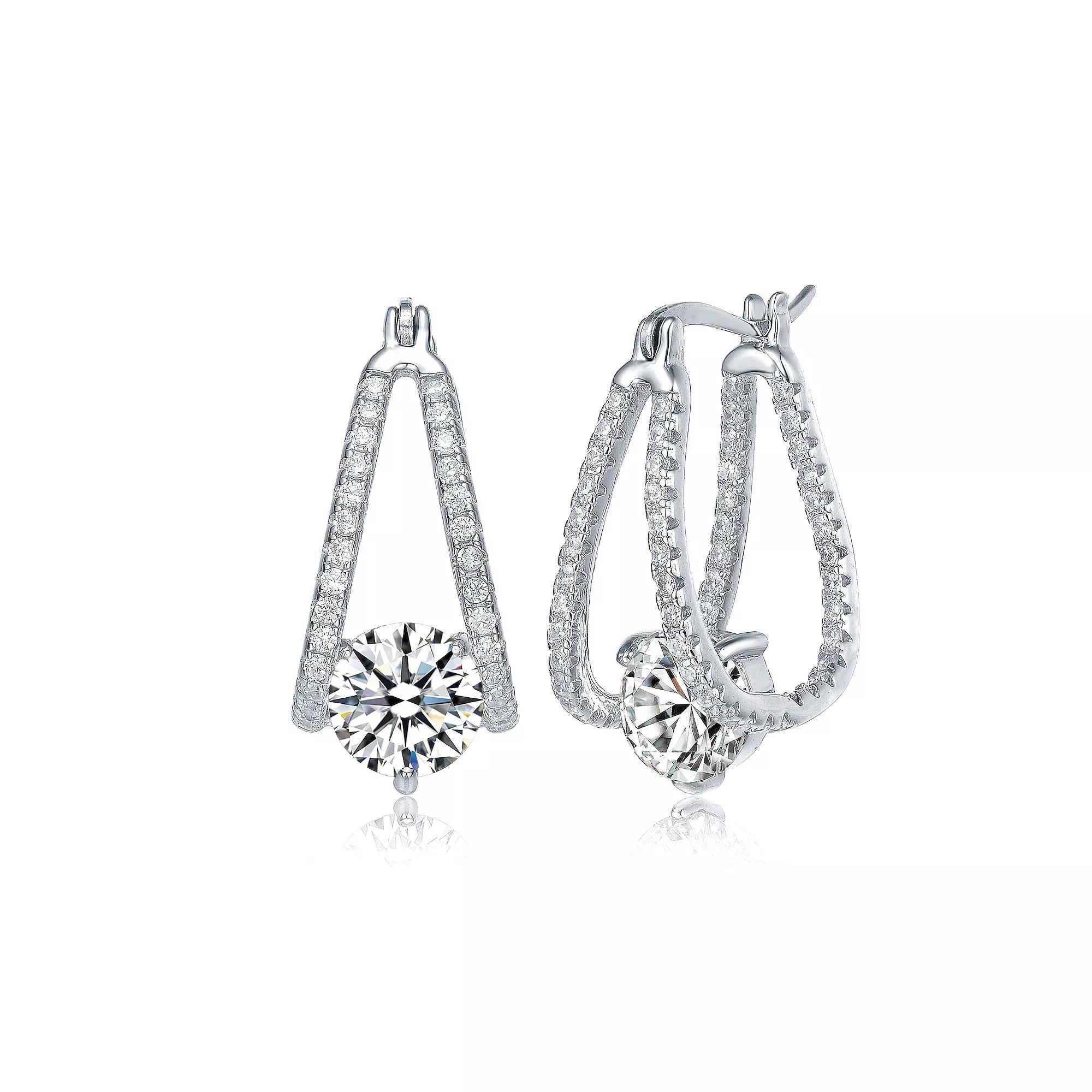 Cubic Zirconia Solitaire Double Trapeze Inside-Out Oblong Hoop Earrings, Womens, Silver Tone Product Image