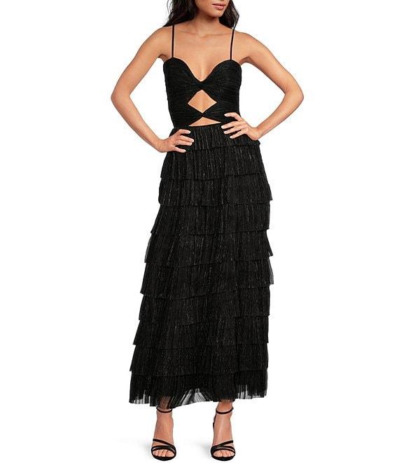 Gianni Bini Grace Metallic Plisse Sweetheart Neck Cut-Out Tiered Dress Product Image