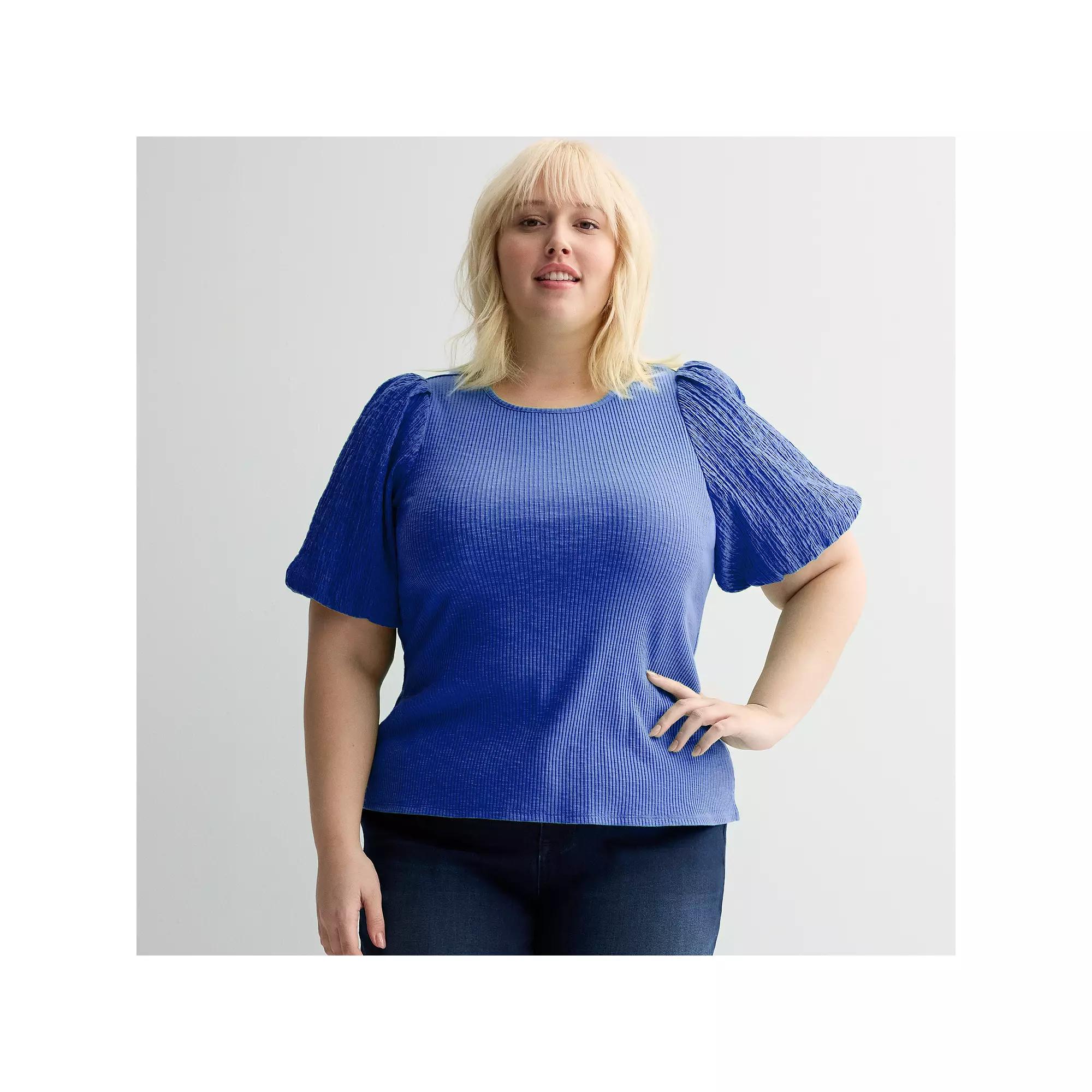Plus Size Nine West Textured Puff Sleeve Ribbed Knit Top, Women's, Size: 0X, Wesley Purple Product Image