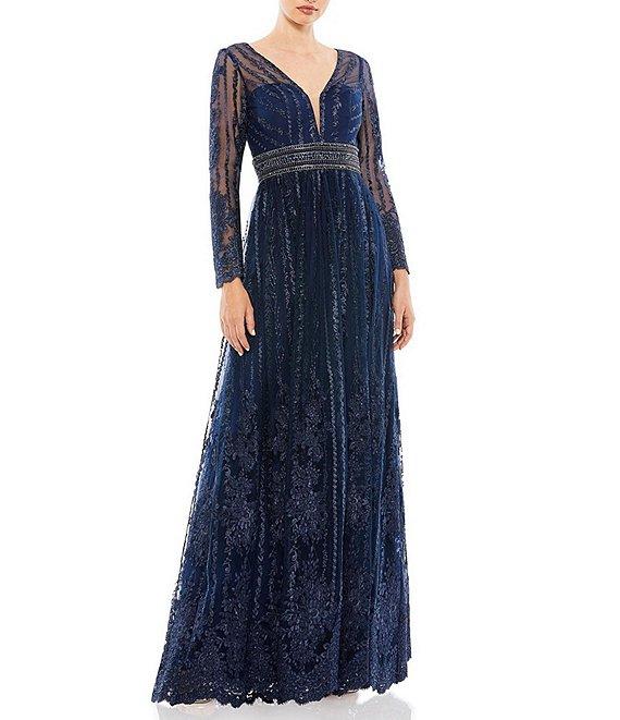 Mac Duggal Mesh Deep V-Neck Sheer Long Sleeve Beaded Belt Sequin Gown Product Image