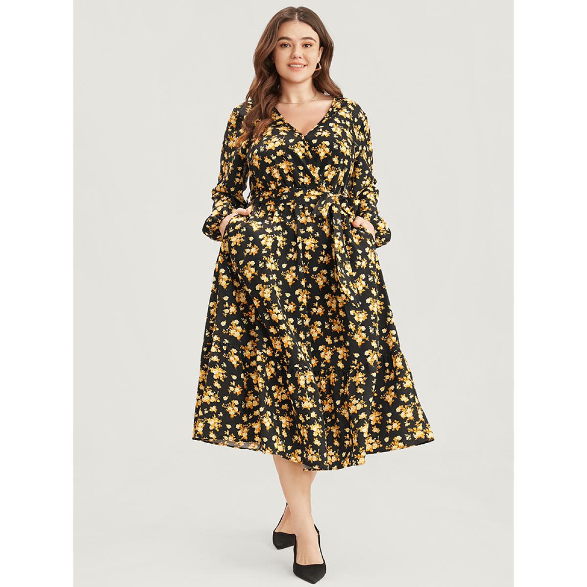 Plus Size Floral Printed Pocket Lantern Sleeve Belted Wrap Midi Dress Black Women Elegant V-neck Long Sleeve Curvy Midi Dress BloomChic 30/6X Product Image