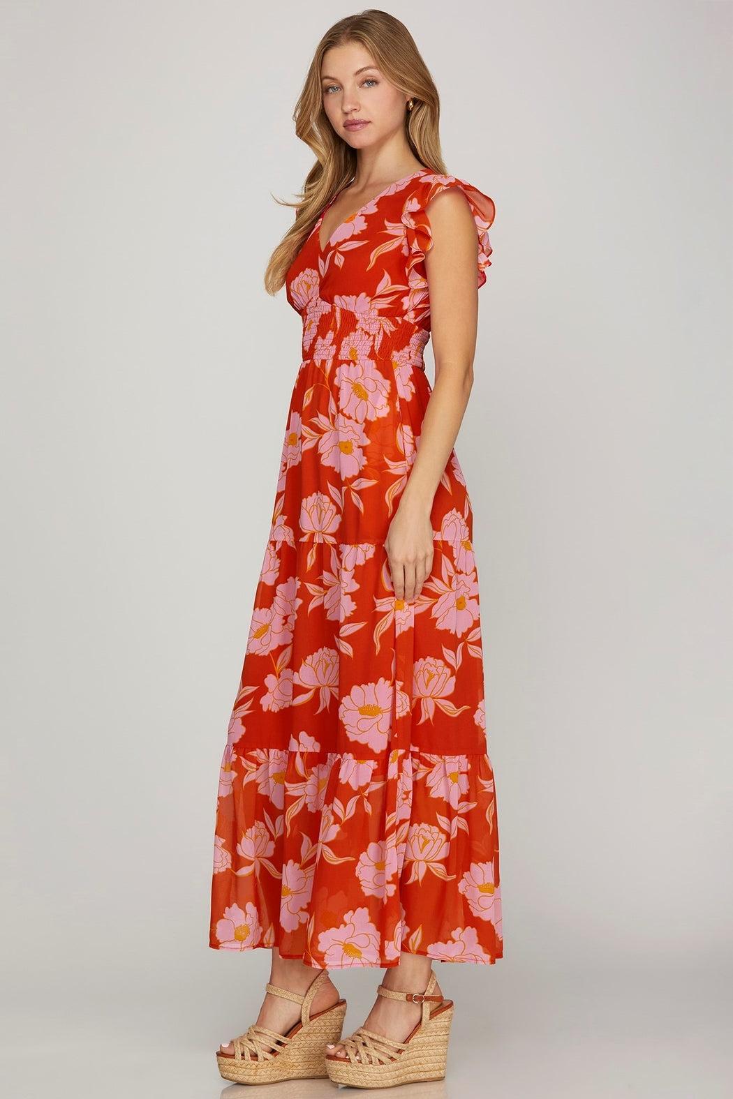 Floral Print Ruffled Sleeve Maxi Dress Product Image