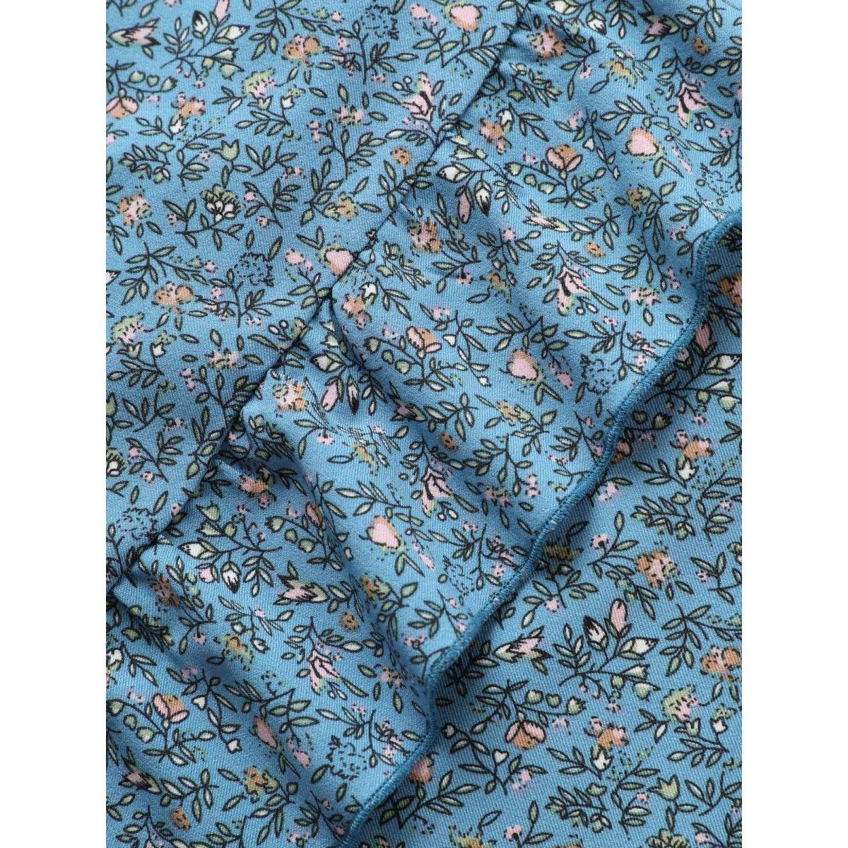 Plus Size Ditsy Floral Overlap Collar Ruffles Belted Dress Blue Women Elegant Overlapping Overlap Collar Short sleeve Curvy Midi Dress BloomChic 12/L Product Image