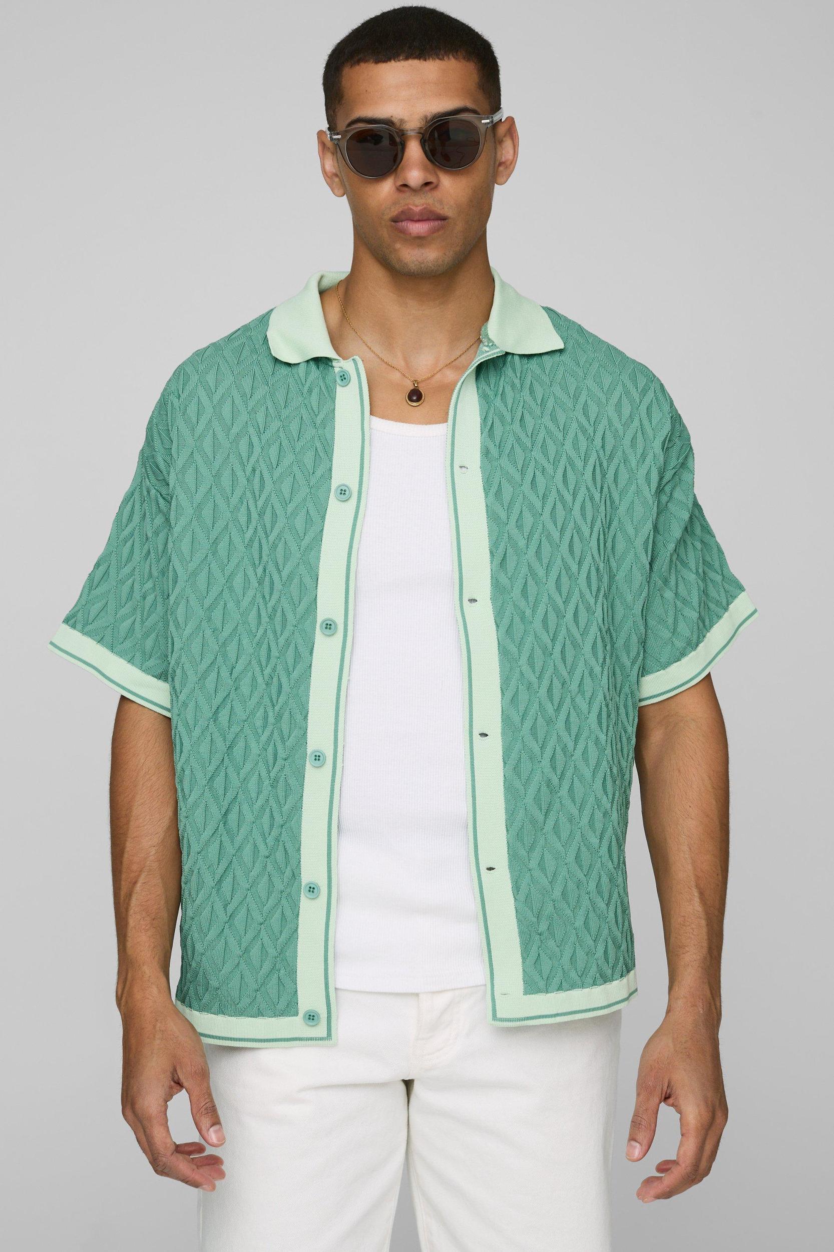 Relaxed Fit Textured Jacquard Knitted Shirt | boohooMAN USA Product Image