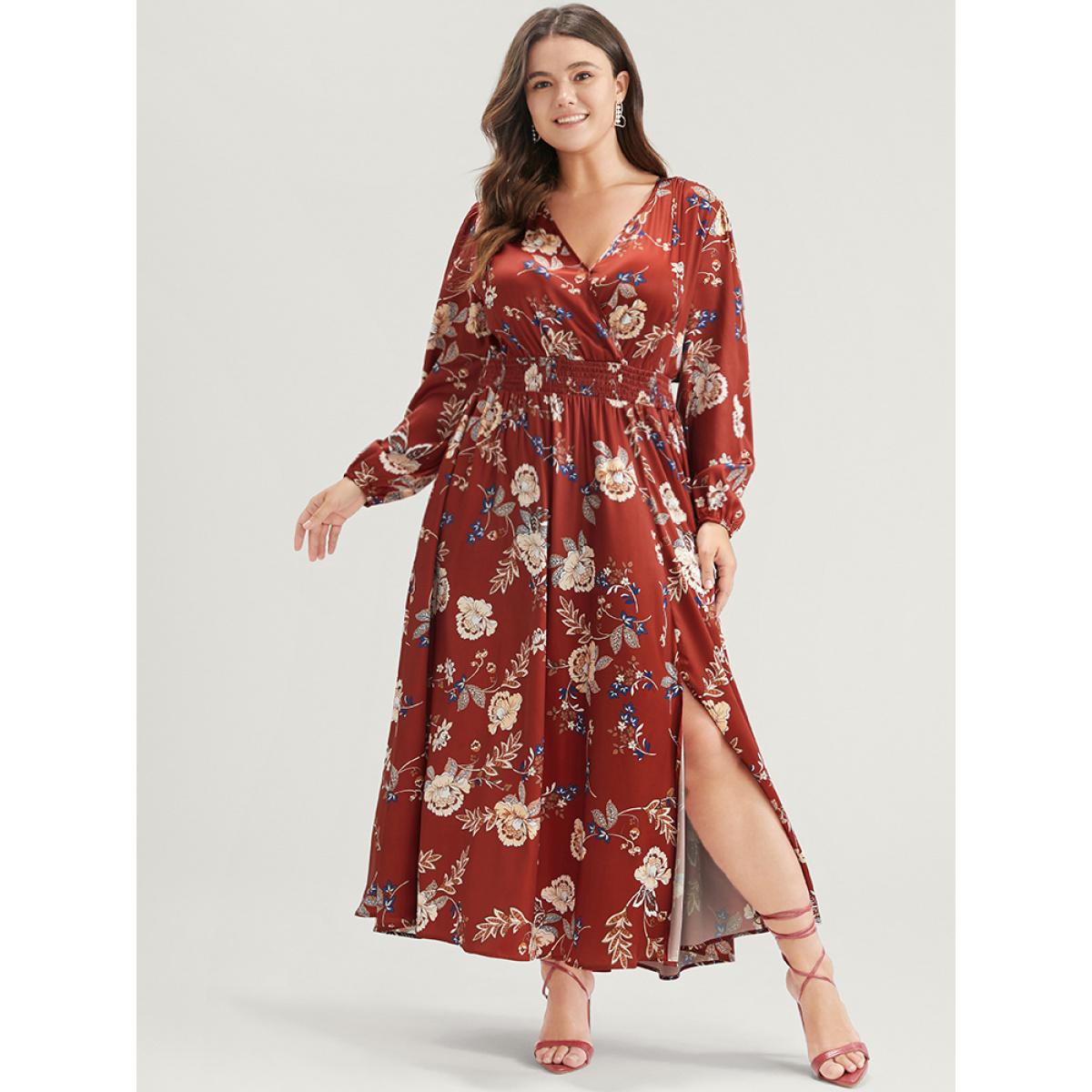 Plus Size Floral Pocket Lantern Sleeve Split Ruffle Shirred Wrap Dress Red Women Elegant Pocket V-neck Long Sleeve Curvy Long Dress BloomChic 14-16/1X Product Image