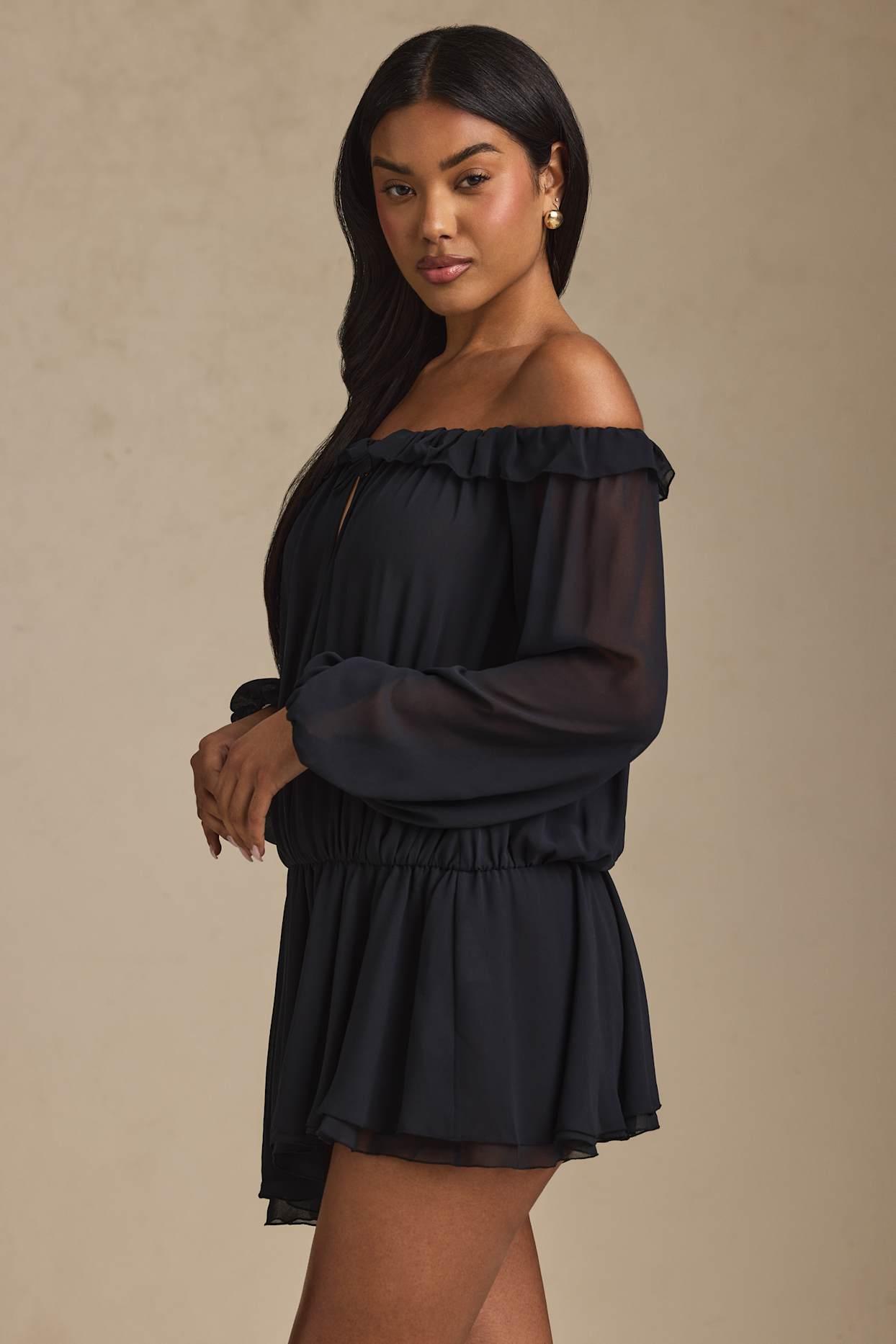 Off-Shoulder Asymmetric Balloon-Sleeve Mini Dress in Black Product Image