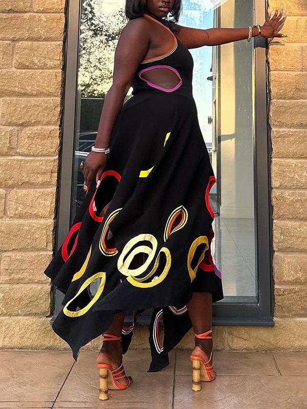 A-Line High Waisted Contrast Color Hollow Round-Neck Maxi Dresses Product Image