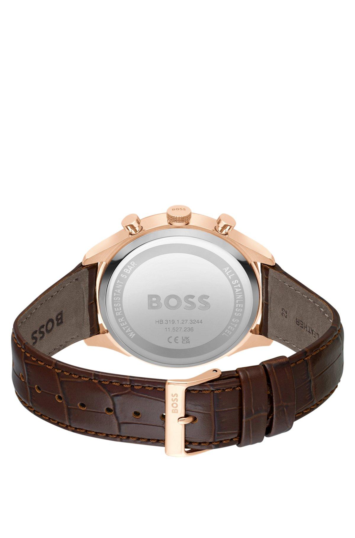 Gold-tone chronograph watch with brown leather strap Product Image