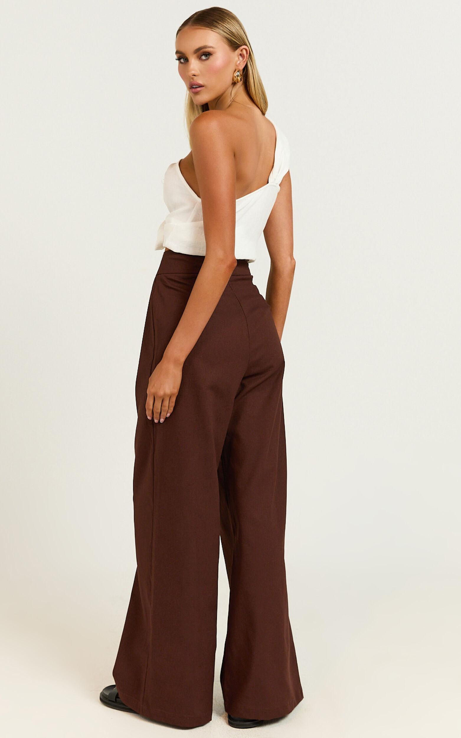 Alina Pants - Linen High Waisted Wide Leg Relaxed Pants in Chocolate Product Image