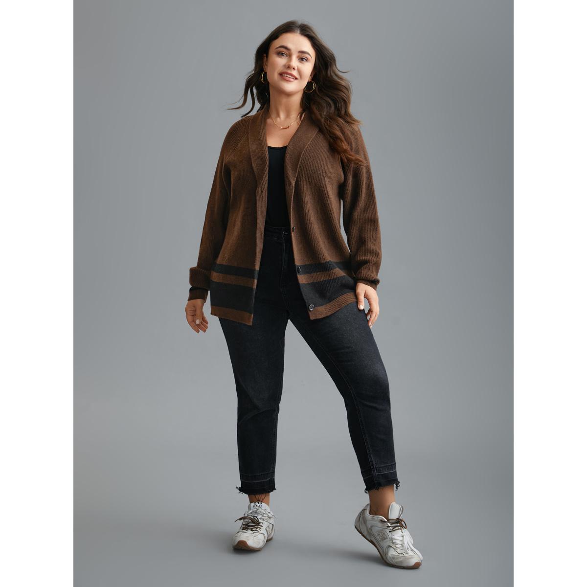 Plus Size Collared Button Front Striped Hem Knit Cardigan DarkBrown Women Casual Loose Long Sleeve Everyday Cardigans BloomChic 26/4X Product Image
