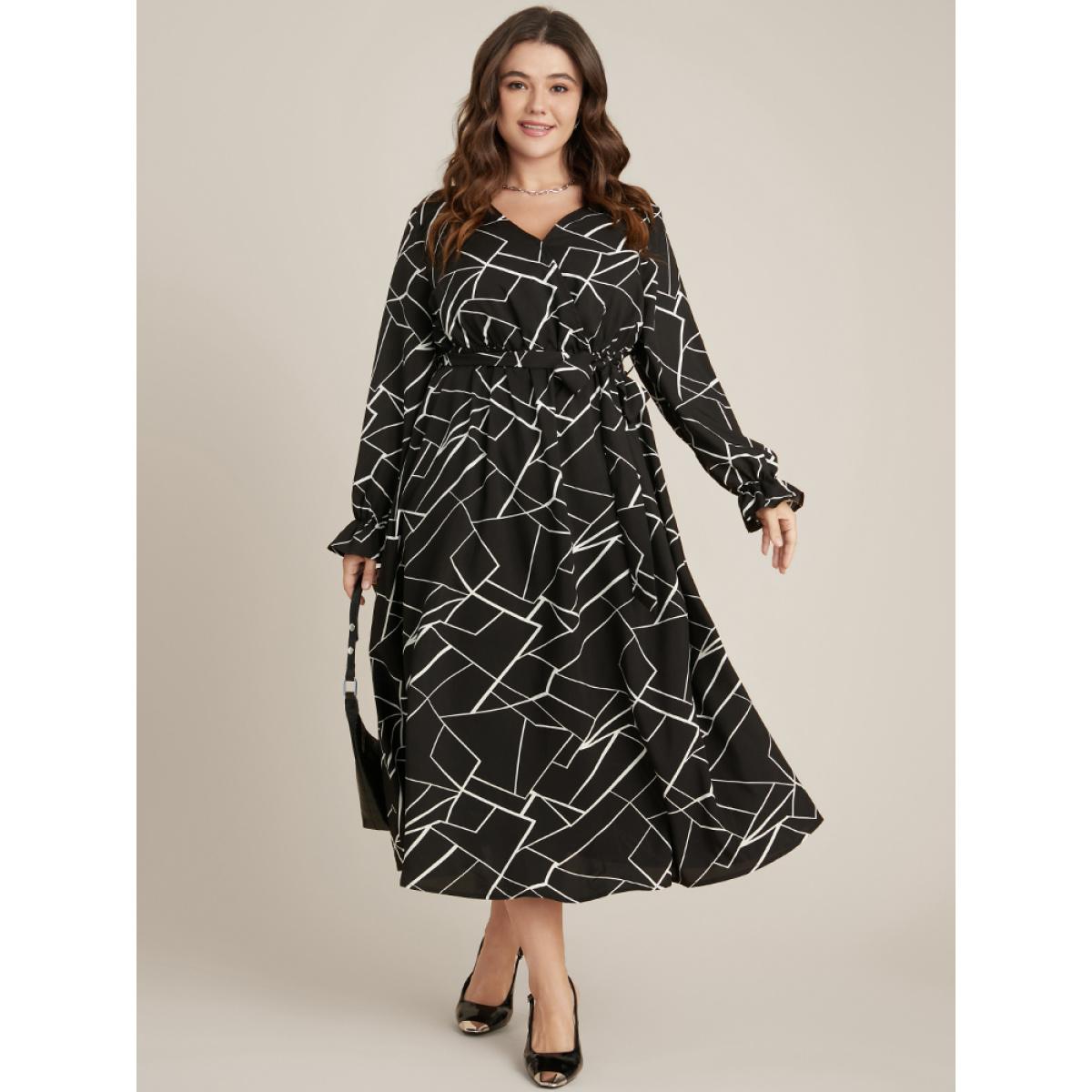 Plus Size Geometric Pocket Lantern Sleeve Wrap Belted Dress Black Women Office Belted V-neck Long Sleeve Curvy Midi Dress BloomChic 26/4X Product Image