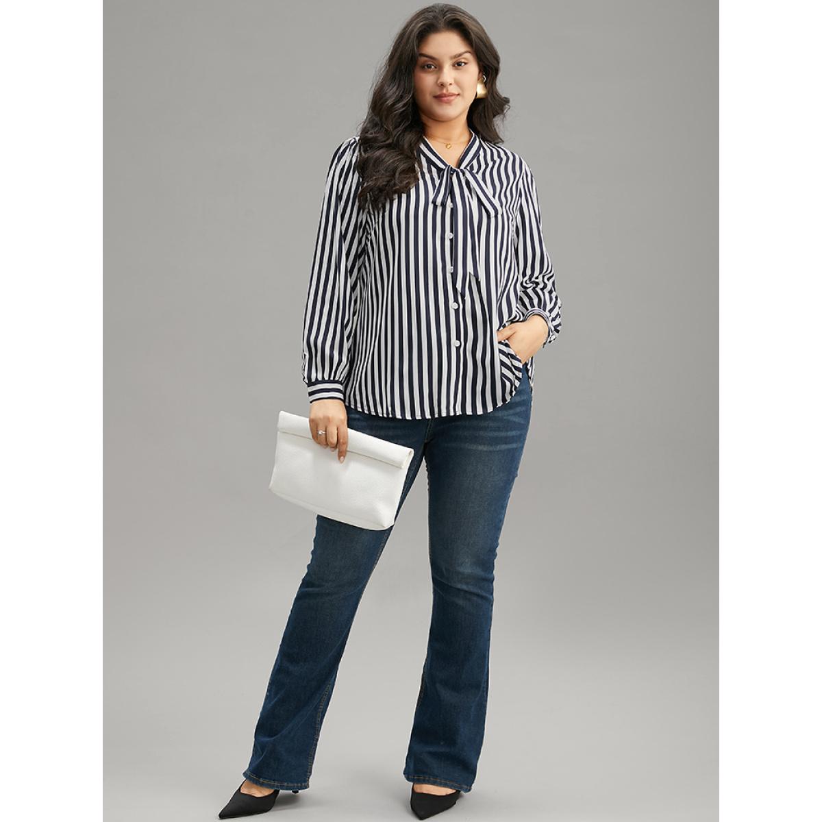 Plus Size Indigo Striped Bowknot V Neck Curved Hem Woven Top Women Office Long Sleeve Shirt collar Office Blouses BloomChic 18-20/2X Product Image