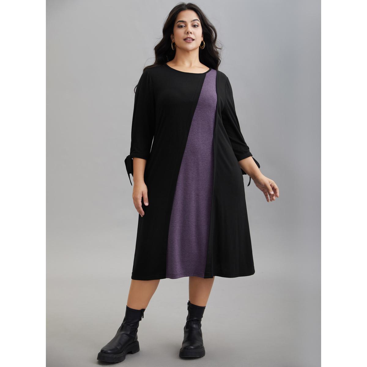 Plus Size Color Block Tie-Knot Fitted Midi Dress Black Women Casual Tie knot Knit Dresses Bloomchic 14-16/1X Product Image