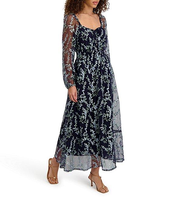 Kensie Long Sleeve Square Neck Embroidered Mesh Midi Dress Product Image