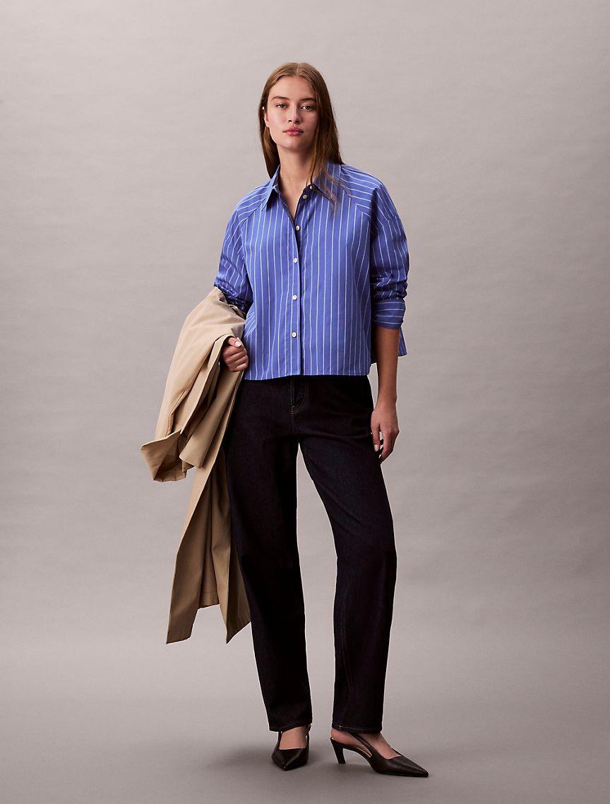 Stripe Cropped Boxy Button-Down Shirt  Product Image