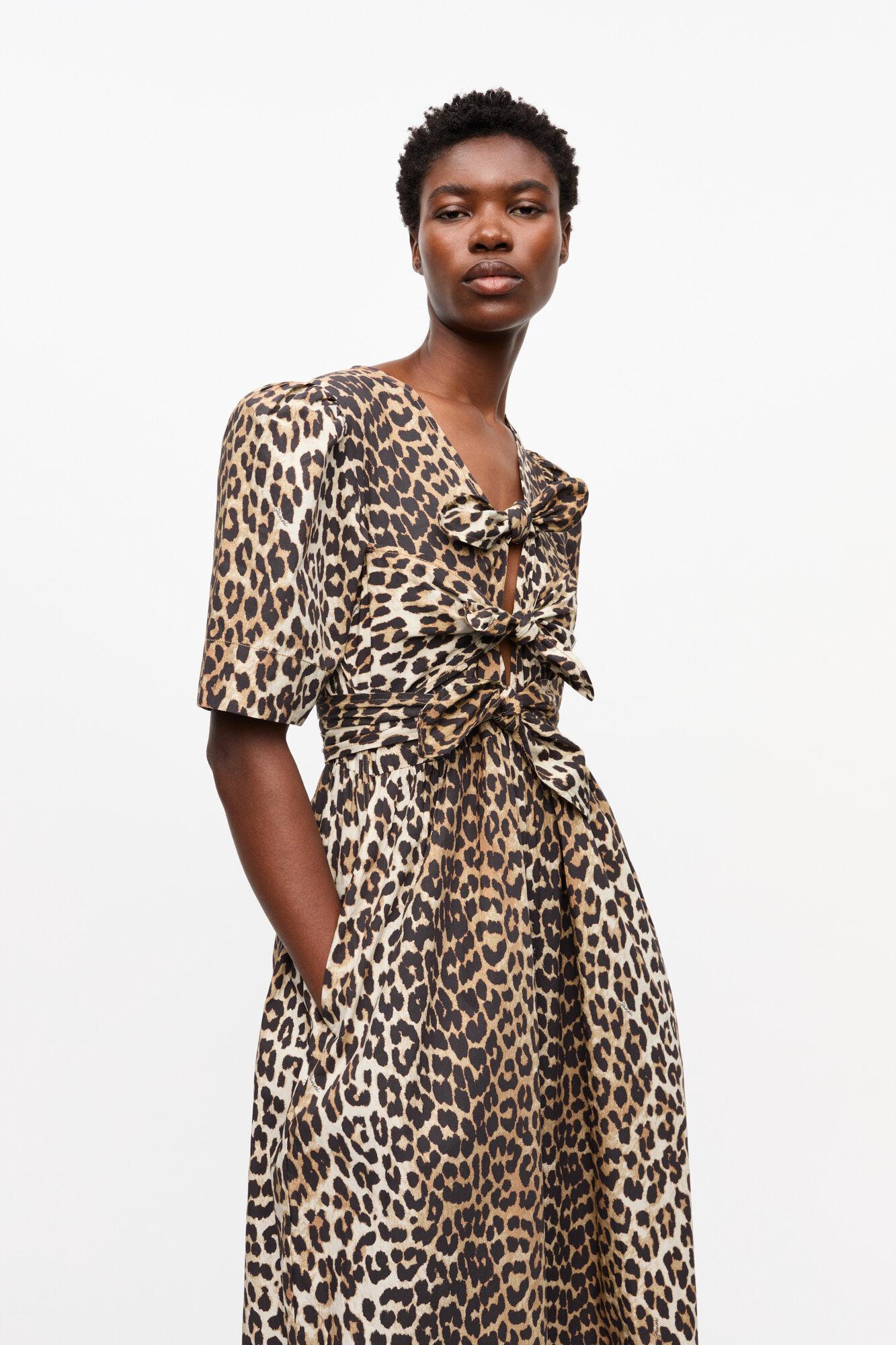 Leopard Printed Cotton Tie Strap Midi Dress Product Image
