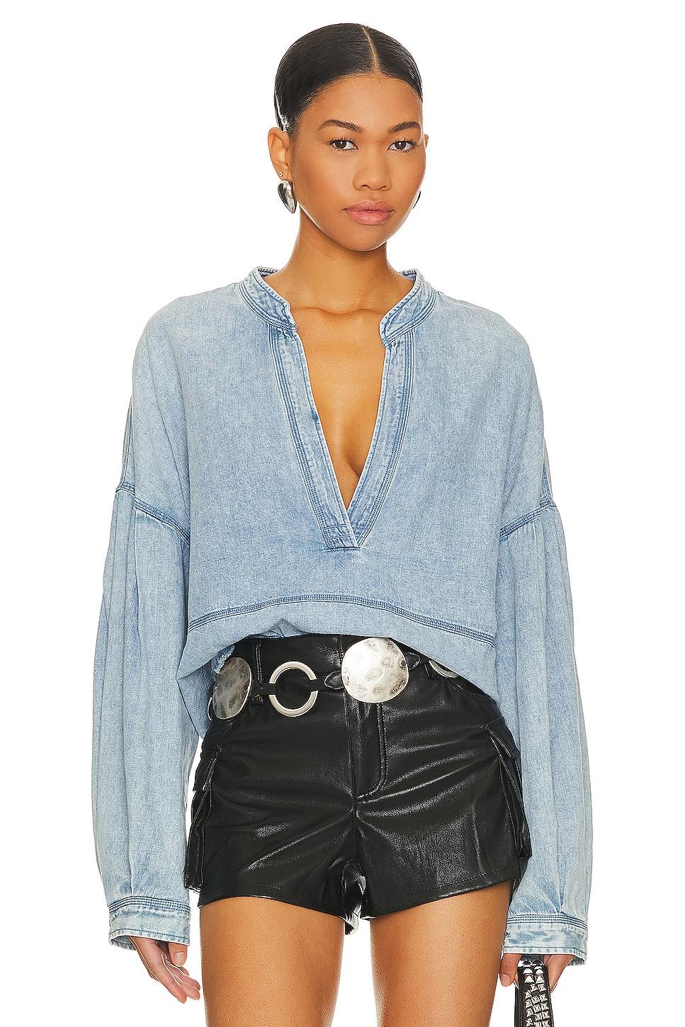 Free People Jude Denim V-Neck Long Puff Sleeve Pullover Product Image