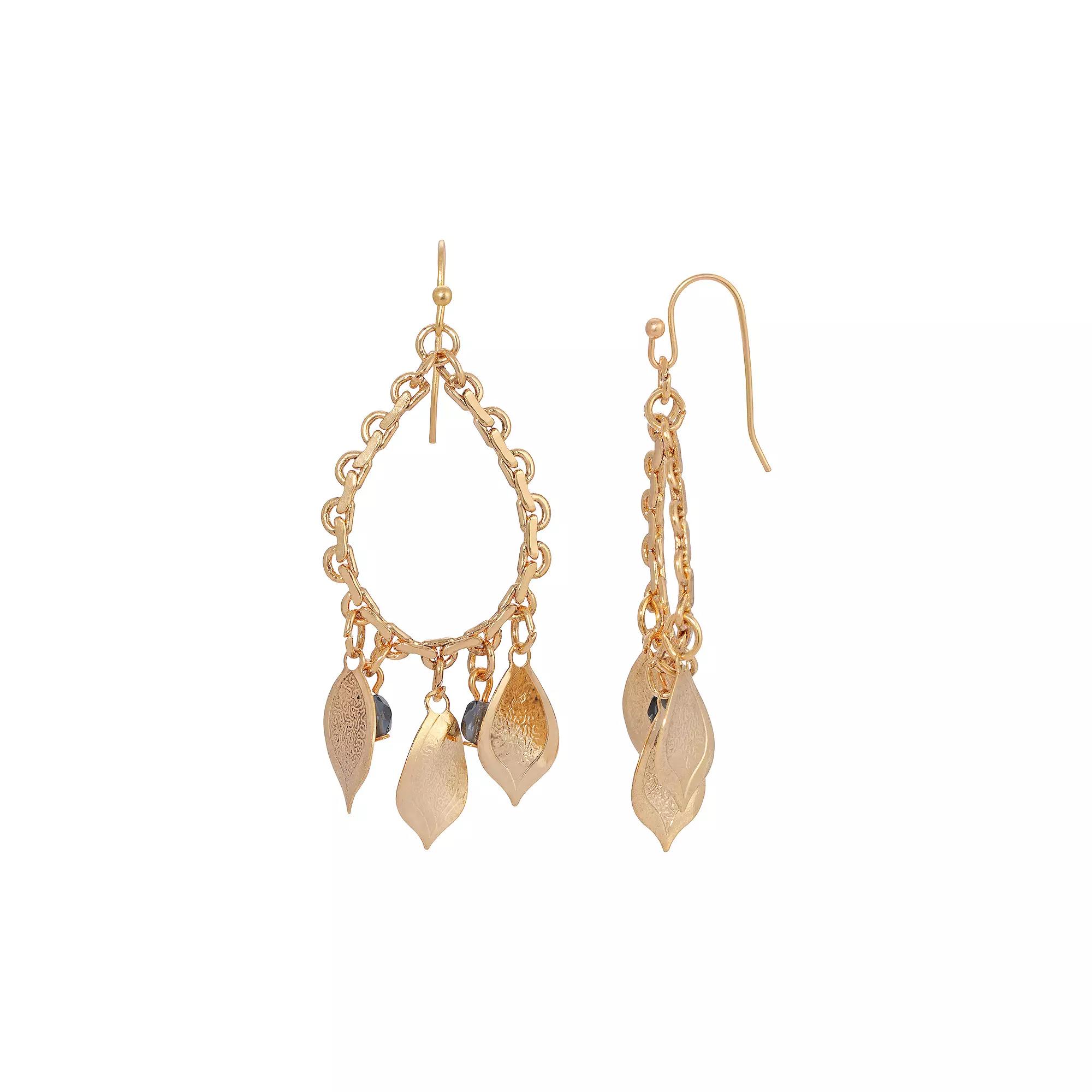 1928 Gold Tone Blue Glass Bead Leaf Drop Earrings, Womens, Yellow Product Image