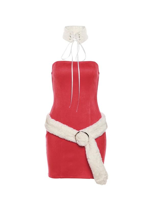 Solid Bandeau With Fuzzy Belted Choker Mini Dress Product Image