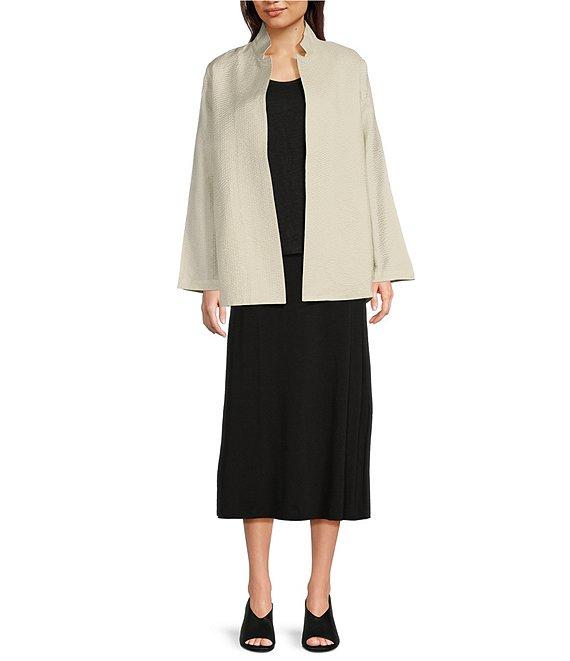 Eileen Fisher Quilted Silk Stand Collar Long Sleeve Open Front Jacket Product Image