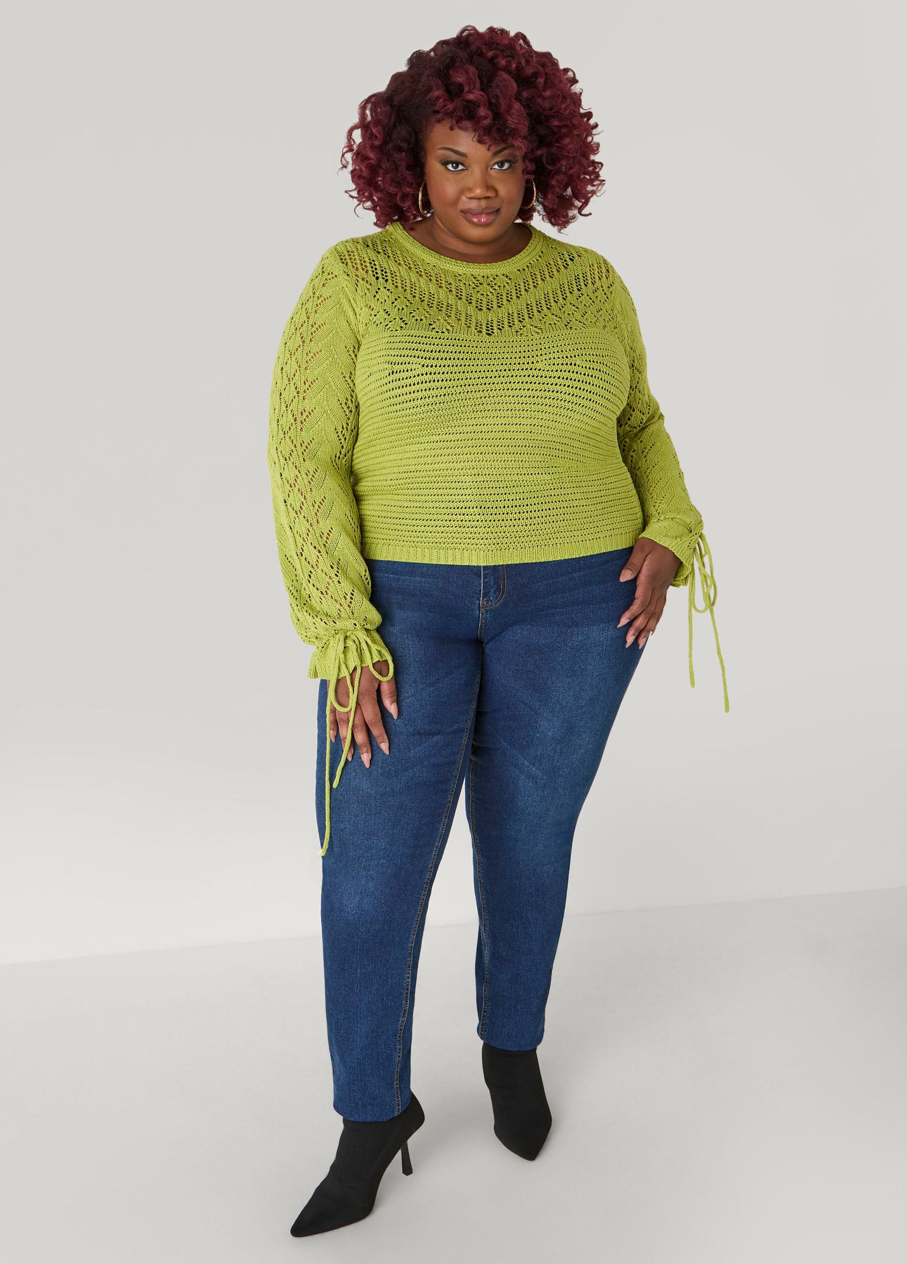 Plus Size Drawstring Crochet Sweater Ashley Stewart Product Image