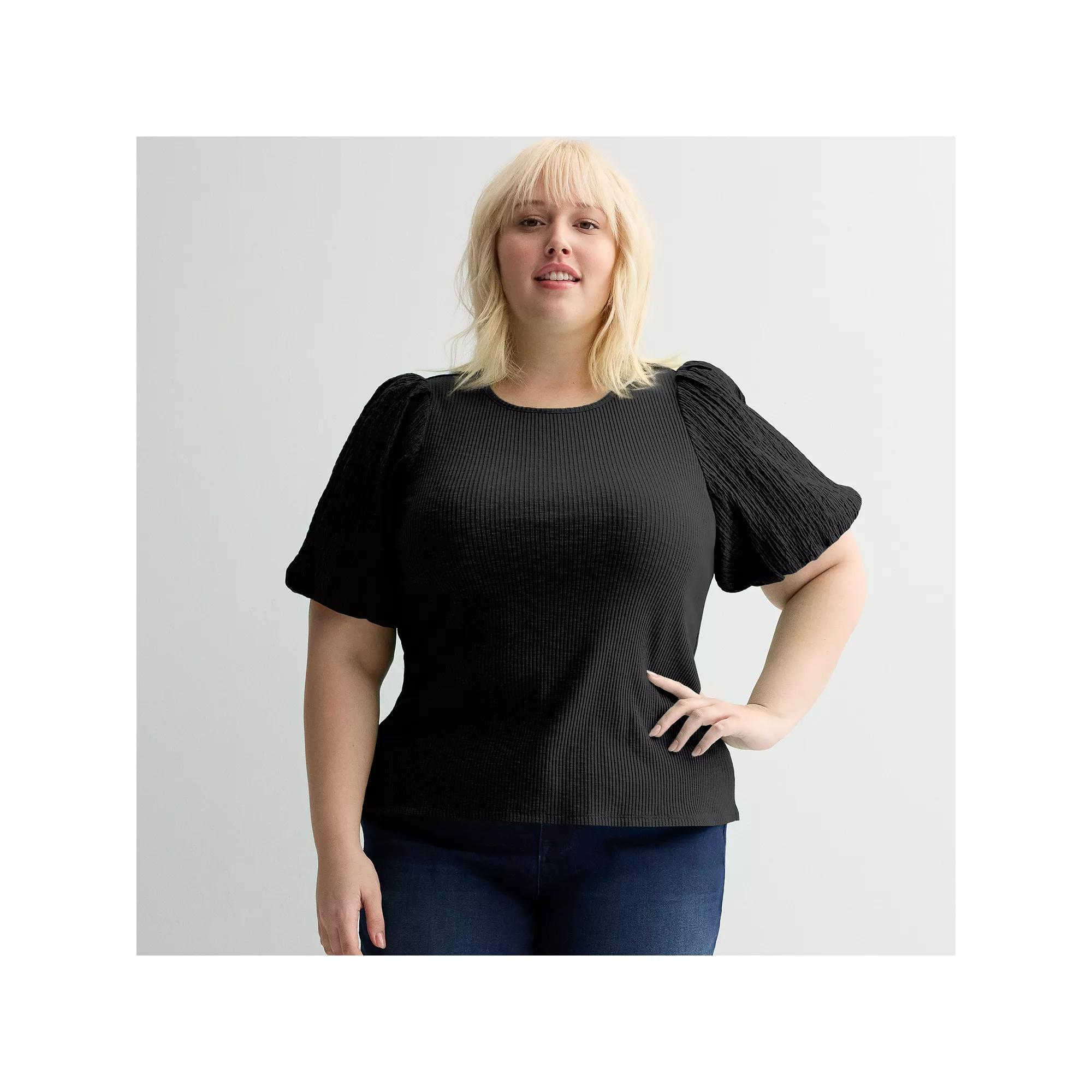 Plus Size Nine West Textured Puff Sleeve Ribbed Knit Top, Women's, Size: 2XL, Mineral Black Product Image