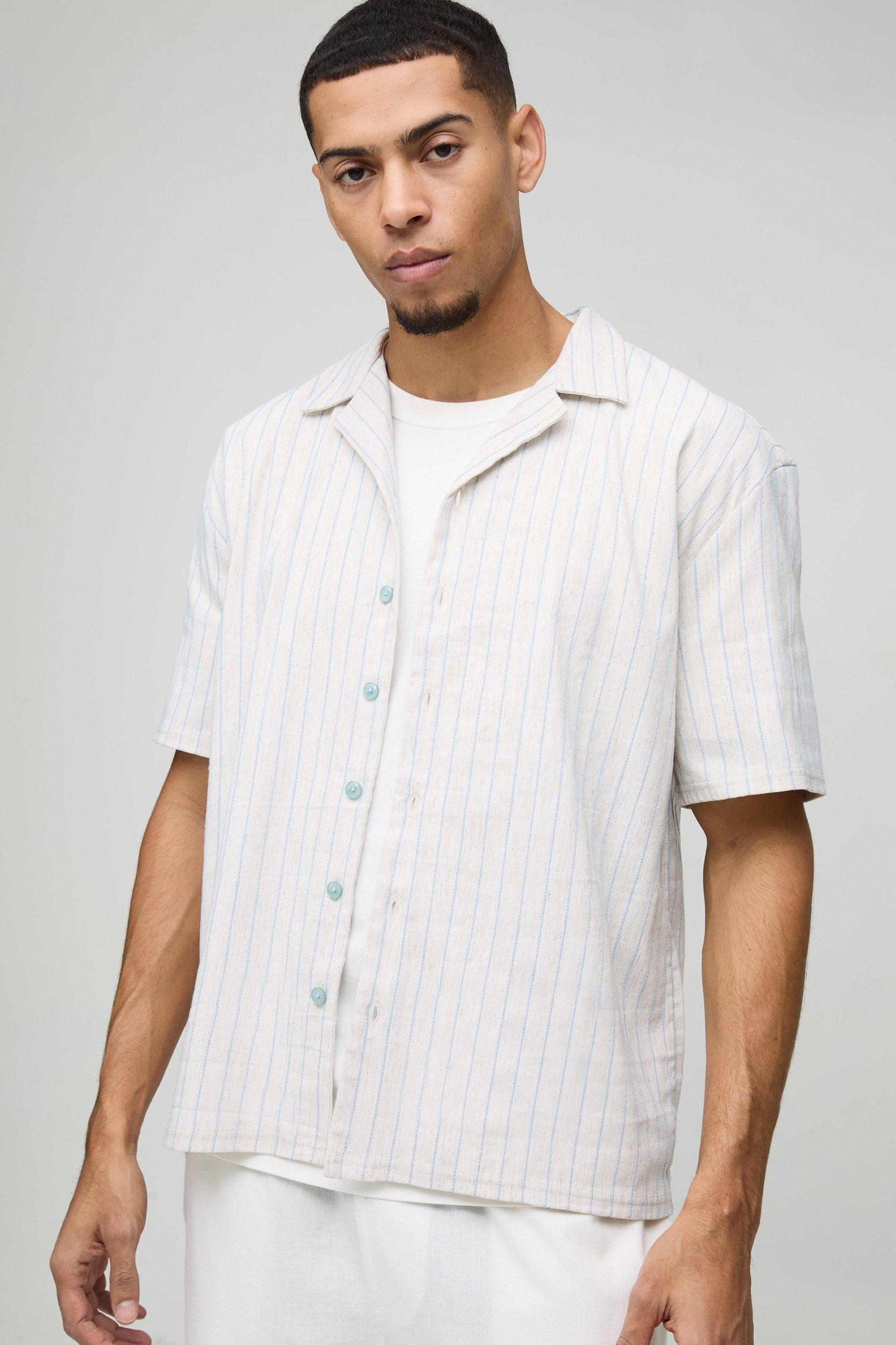 Oversized Linen Look Blue Embroidery Striped Revere Shirt | boohooMAN USA Product Image
